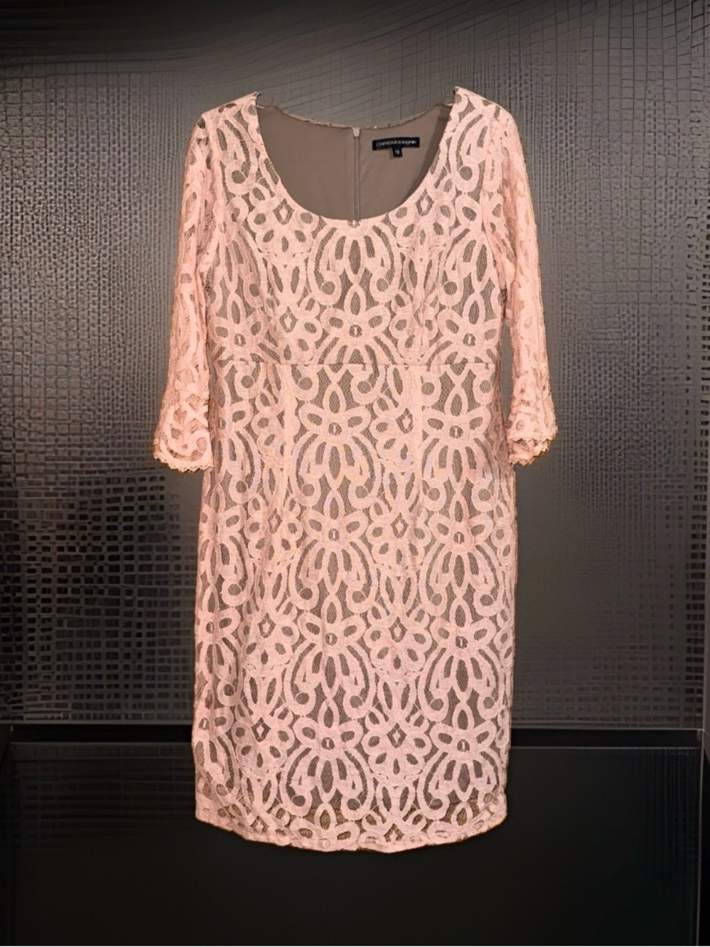 Chris McLaughlin Pale Pink Lace 3/4 Sleeve Sheath Dress w/Tan Liner-12-EC